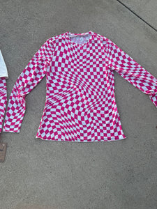 Hot pink checkered mesh shirt