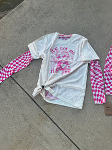 Hot pink checkered mesh shirt